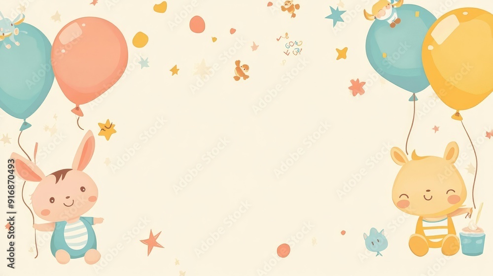 Baby shower banner with a cartoon baby and balloon animals on beige background Baby shower banner with a cartoon baby and balloon animals on beige background