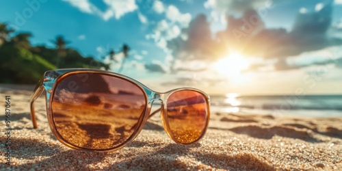 Wallpaper Mural Sunglasses Reflecting Tropical Beach on Sandy Shore – Fashion, Summer Accessories, Travel Torontodigital.ca