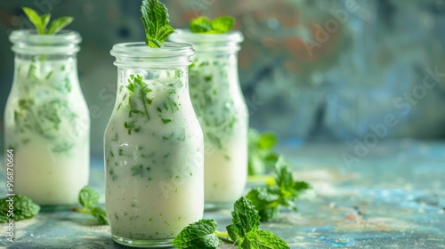 Refreshing homemade mint infused buttermilk in glass jars photo