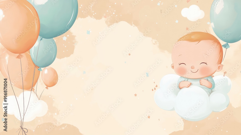 Baby shower banner with a cartoon baby and cloud-shaped helium balloons on beige Baby shower banner with a cartoon baby and cloud-shaped helium balloons on beige