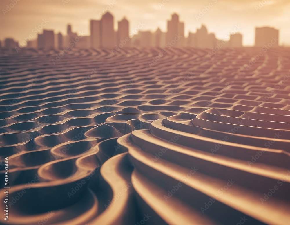 Obraz premium city skyline is depicted in the background, with wave-like pattern in the foreground, creating sense depth