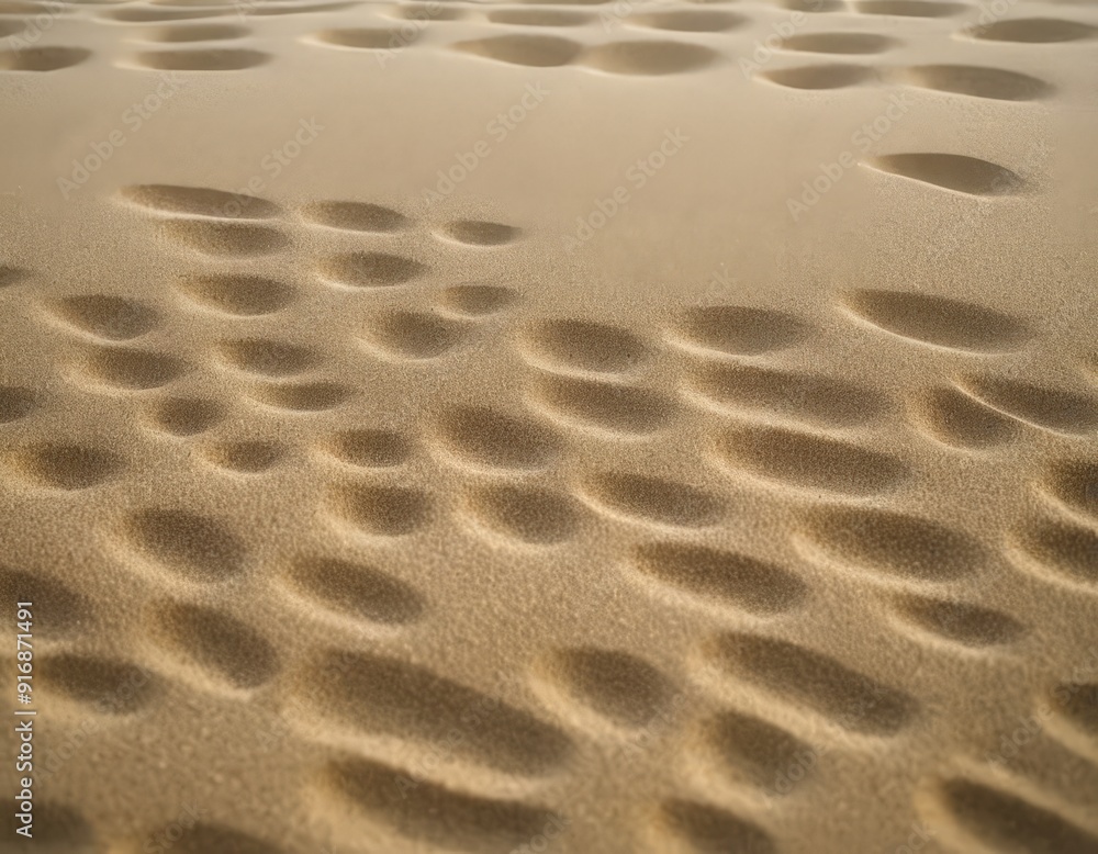 close-up view sandy surface with numerous circular footprints, varying in size and shape, creating textured close-up view sandy surface with numerous circular footprints, varying in size and shape, creating textured