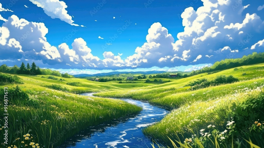 Fototapeta premium Beautiful anime background of a meandering stream through sunlit fields, with fluffy clouds against a blue sky