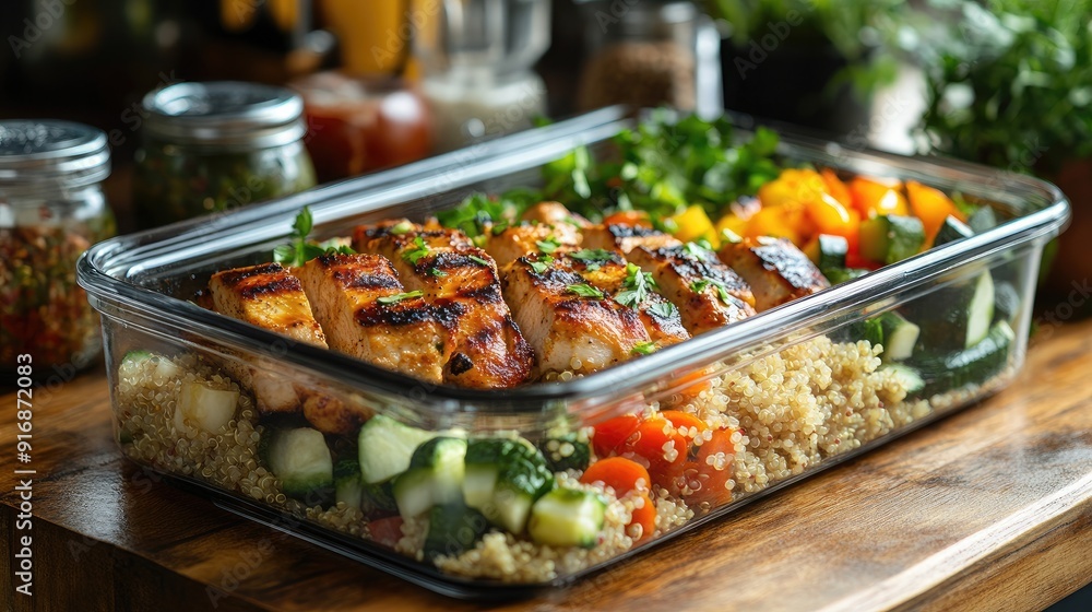 Obraz premium Detailed view of a health-conscious meal prep container with fresh ingredients