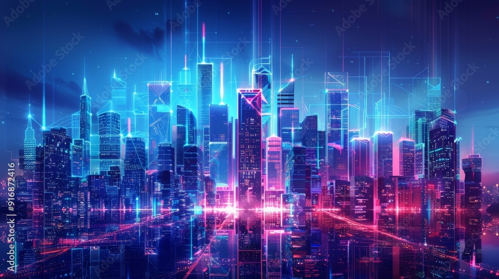cityscape with space and neon light effect. Modern hi-tech, science, futuristic technology concept. Abstract digital high tech city design for banner background cityscape with space and neon light effect. Modern hi-tech, science, futuristic technology concept. Abstract digital high tech city design for banner background