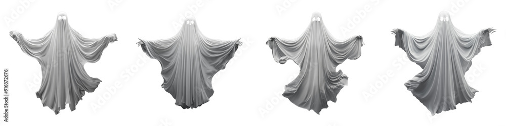 Set of A ghostly white figure with arms outstretched, made from sheets, isolated white ghost on a transparent background Set of A ghostly white figure with arms outstretched, made from sheets, isolated white ghost on a transparent background