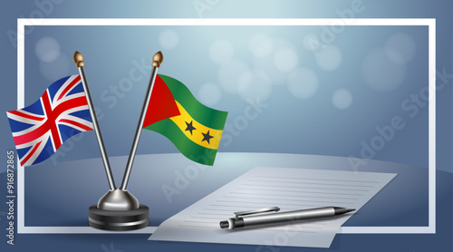 United Kingdom and Sao Tome and Principe Small national flag on bokeh background, cooperative relationship