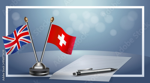 United Kingdom and Switzerland Small national flag on bokeh background, cooperative relationship