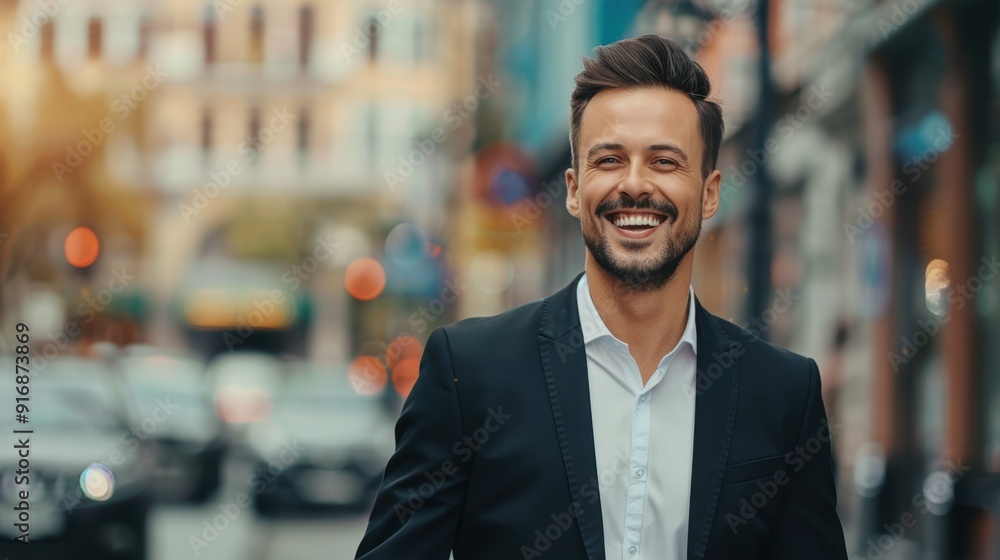 portrait of a handsome smiling white young businessman boss in a black suit walking on a city street to his company office. blurry street background, confident portrait of a handsome smiling white young businessman boss in a black suit walking on a city street to his company office. blurry street background, confident