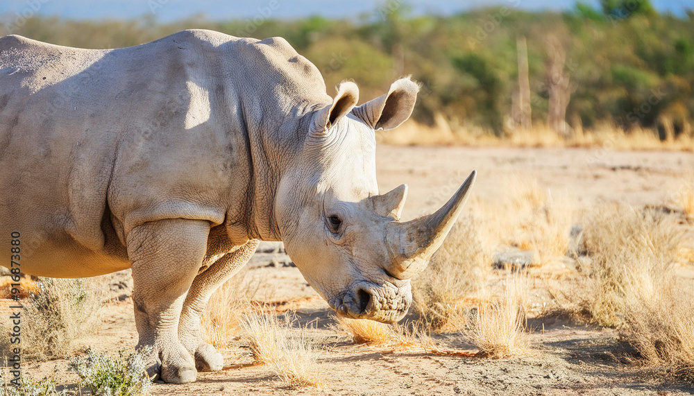 Obraz premium White Rhinoceros Standing in a Sunny and Copy Space