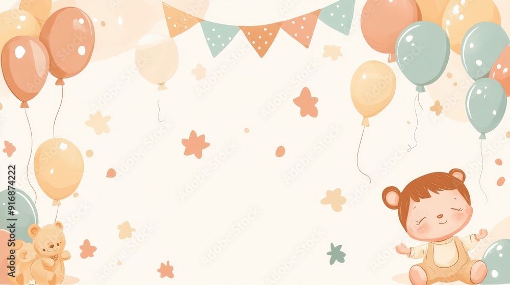 Cartoon baby with a teddy bear and floating helium balloons on a beige baby shower banner Cartoon baby with a teddy bear and floating helium balloons on a beige baby shower banner