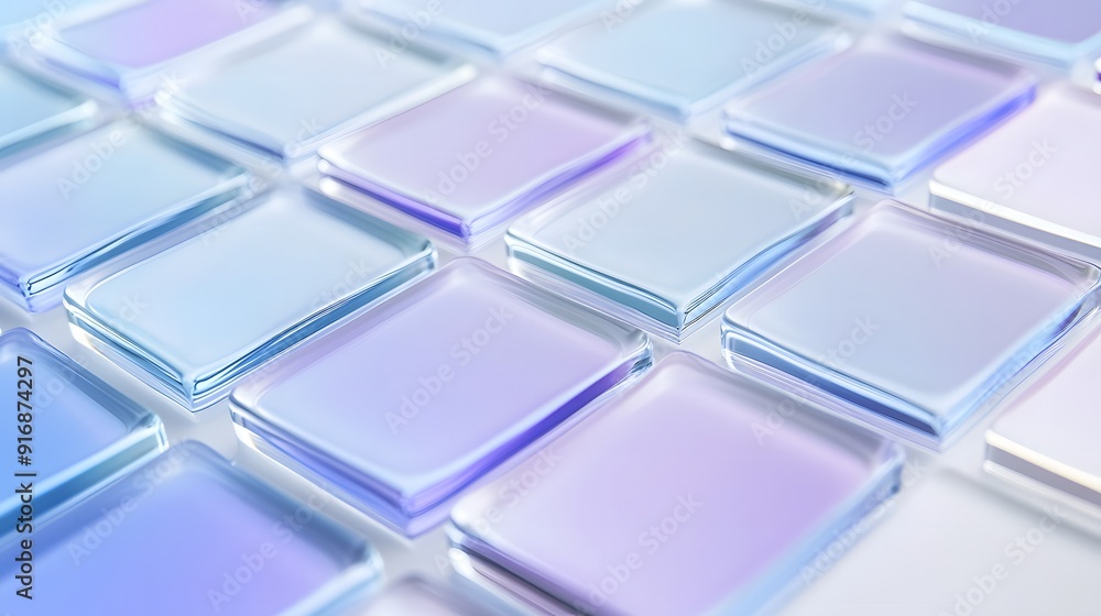 Close-up of Transparent Glass Squares with Rounded Corners on White Background, Blue and Purple Shades, Light Refraction, Depth, Clarity, Modern Design Close-up of Transparent Glass Squares with Rounded Corners on White Background, Blue and Purple Shades, Light Refraction, Depth, Clarity, Modern Design