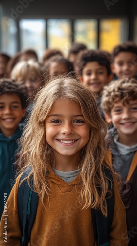 Happy children with backpacks smiling together at school during a sunny day