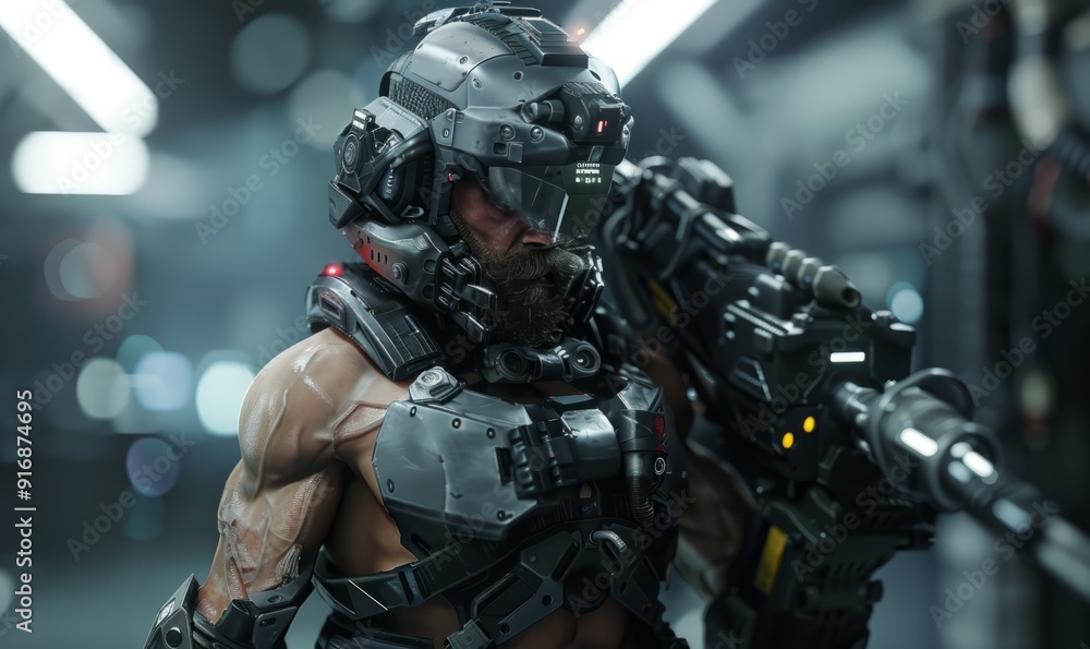 Genetically Enhanced Soldier: Muscular build with high-tech implants and combat suit Genetically Enhanced Soldier: Muscular build with high-tech implants and combat suit
