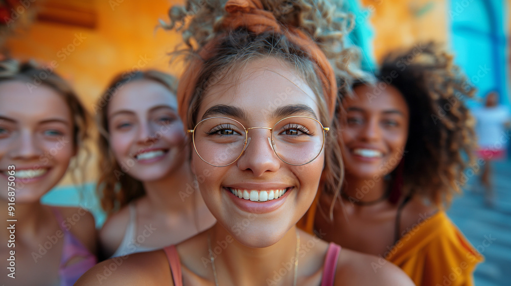 Three young women taking selfie walking on city street - Multiracial females picture smiling at camera outside - Friendship and tourism concept with girls having fun together Three young women taking selfie walking on city street - Multiracial females picture smiling at camera outside - Friendship and tourism concept with girls having fun together