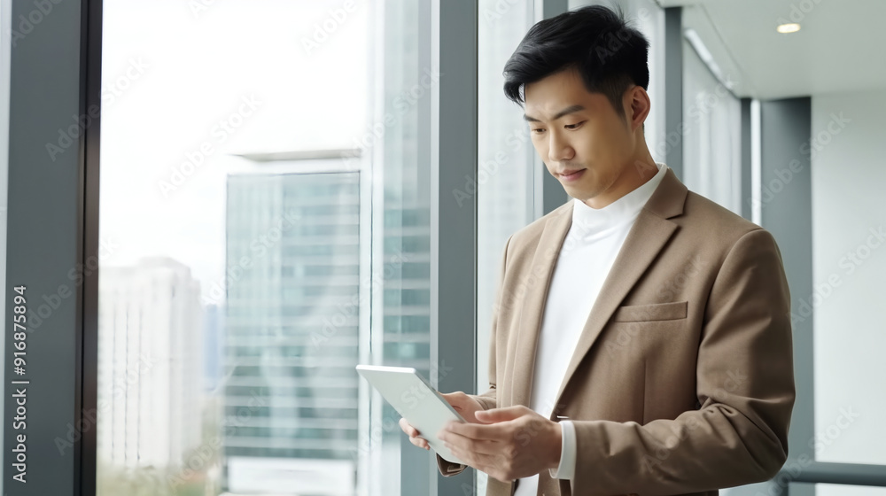 A handsome Asian man in casual attire stands by the window, holding an iPad and looking at it intently as he relaxes after work. A handsome Asian man in casual attire stands by the window, holding an iPad and looking at it intently as he relaxes after work.