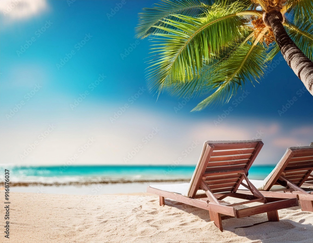 Obraz premium Serene Beach Scene With Palm Tree and Sun Loungers on a Sunny Day