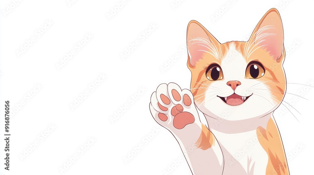 Cute anime-style cat with a cheerful expression, sitting with a paw raised, vector art on white Cute anime-style cat with a cheerful expression, sitting with a paw raised, vector art on white