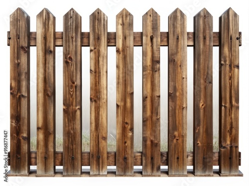 Rustic wooden fence with vertical planks and horizontal rails isolated on a white background, perfect for adding texture and depth to your design projects.