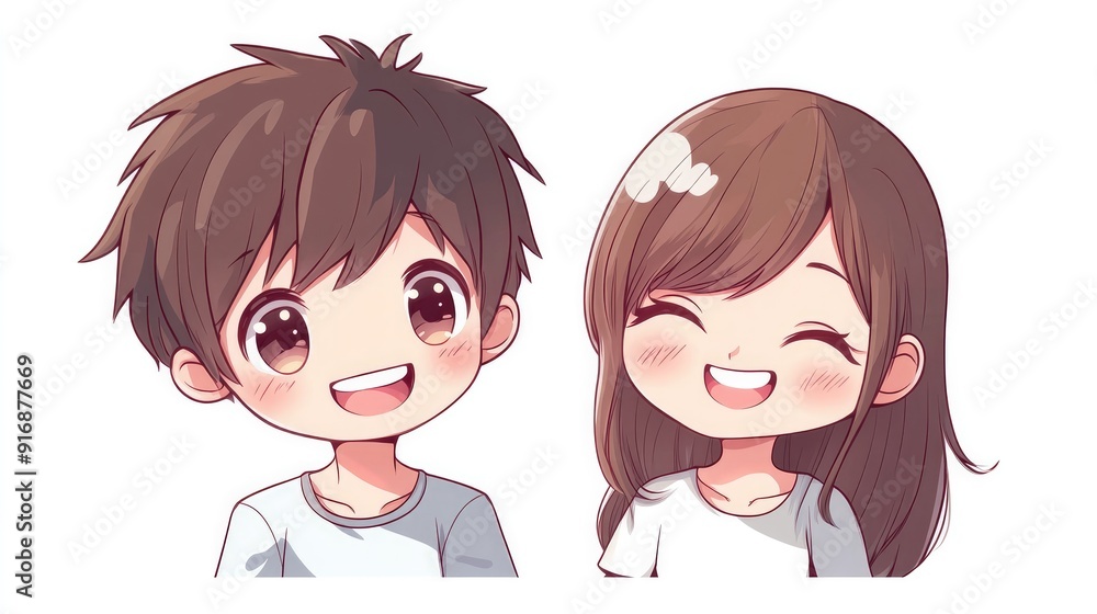 Cute kawaii girl and boy with happy expressions, anime-style vector art, flat colors, isolated on white Cute kawaii girl and boy with happy expressions, anime-style vector art, flat colors, isolated on white