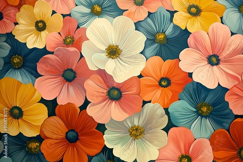 Vibrant 70s Vintage Floral Print Banner with Groovy Pastel Flowers and Nostalgic Garden Vibe