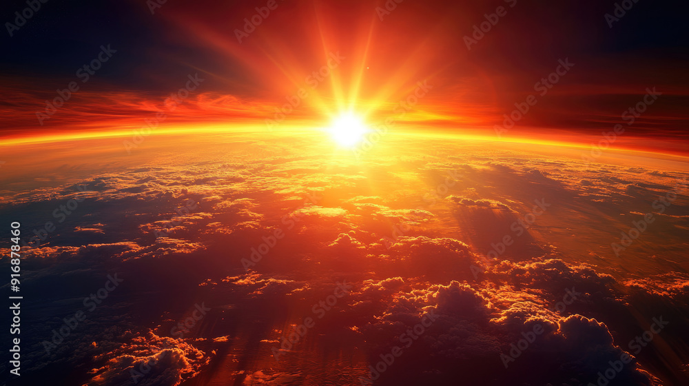 Vivid Red Sunset with Sun Rays and Clouds Viewed from Space Vivid Red Sunset with Sun Rays and Clouds Viewed from Space