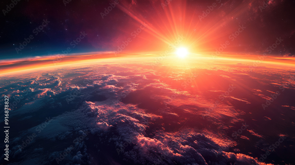 Vivid Red Sunset with Sun Rays and Clouds Viewed from Space Vivid Red Sunset with Sun Rays and Clouds Viewed from Space
