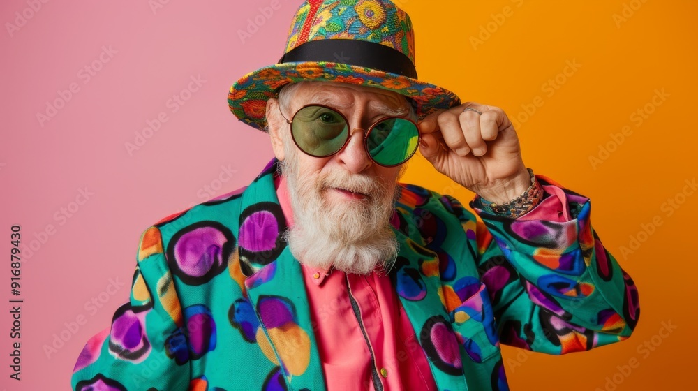 Youthful and stylish senior old man with extravagant clothes and sunglasses. Carefree positive pensioner wear trendy colourful outfit. Youthful senior people and lifestyle concept Youthful and stylish senior old man with extravagant clothes and sunglasses. Carefree positive pensioner wear trendy colourful outfit. Youthful senior people and lifestyle concept
