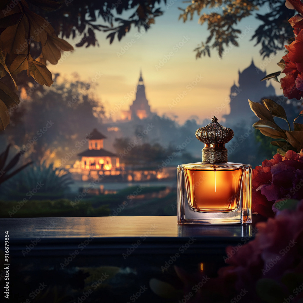 Perfume Bottle with Indian Landscape Background