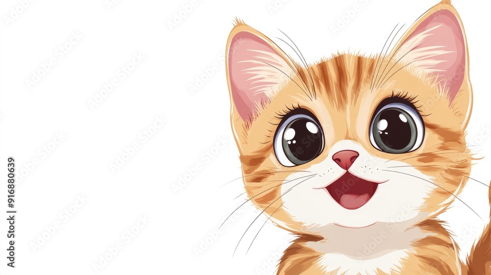 Happy anime-style kitten with wide eyes and a cheerful expression, vector art on a white background Happy anime-style kitten with wide eyes and a cheerful expression, vector art on a white background