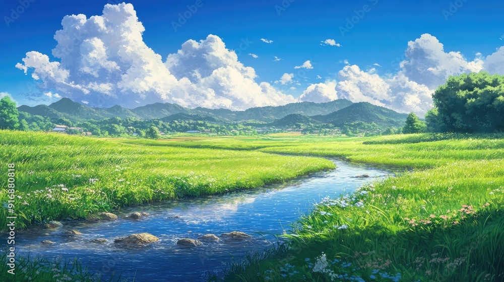 Obraz premium Idyllic anime landscape of a clear stream winding through lush fields, with fluffy clouds in a bright blue sky