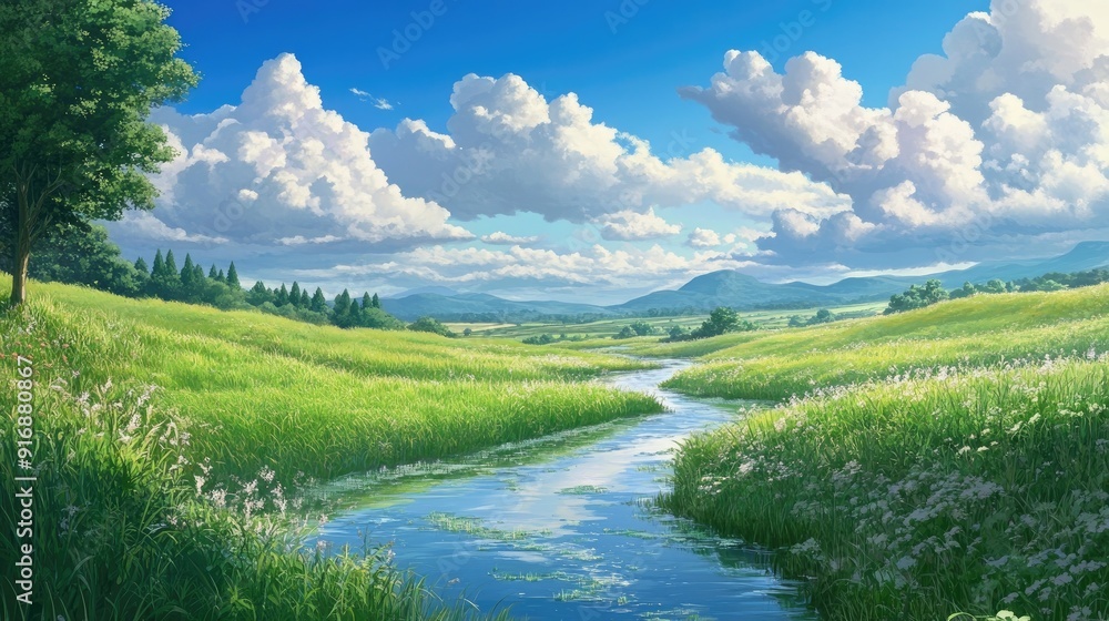 Idyllic anime background of a winding stream through green fields, under a sky filled with fluffy clouds Idyllic anime background of a winding stream through green fields, under a sky filled with fluffy clouds