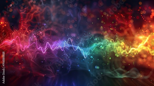 partical waves, rainbow colors, glowing, black background, perspecitve view, heart rate pulse photo