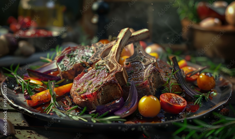 Herb-crusted lamb chops, roasted vegetables Herb-crusted lamb chops, roasted vegetables