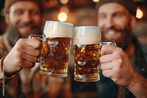 Two men friends clink large foamy beer mugs together at a pub party celebrating Oktoberfest. Selective focus photo