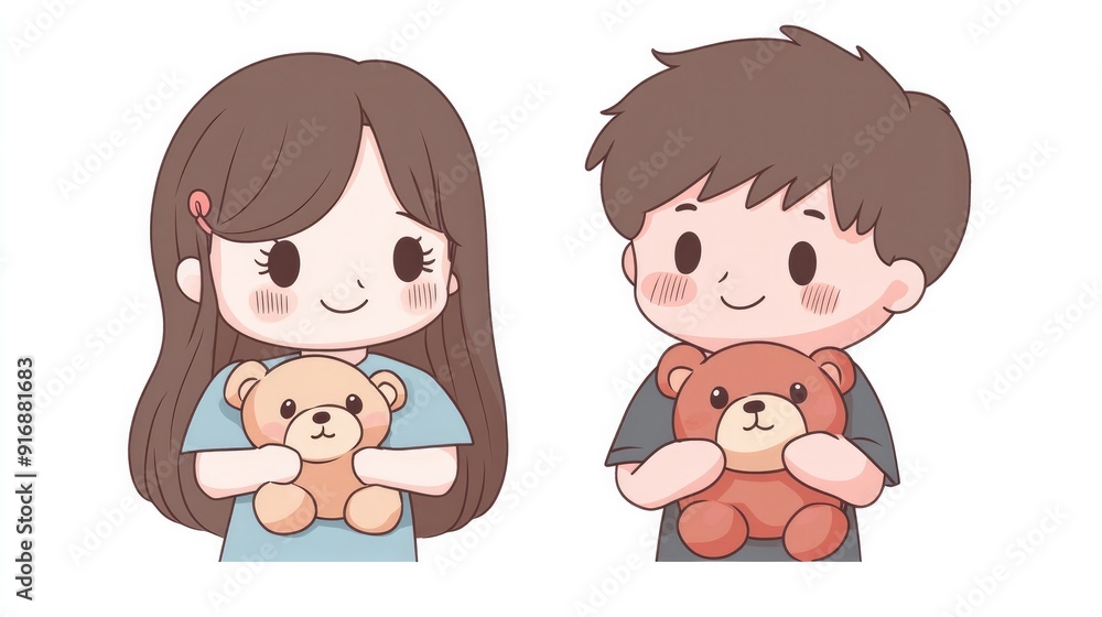 Kawaii girl and boy holding teddy bears, anime-style vector art, flat colors, isolated on white Kawaii girl and boy holding teddy bears, anime-style vector art, flat colors, isolated on white