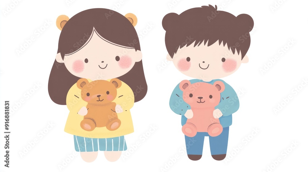 Kawaii girl and boy holding teddy bears, anime-style vector art, flat colors, isolated on white Kawaii girl and boy holding teddy bears, anime-style vector art, flat colors, isolated on white