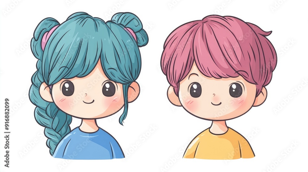 Kawaii girl and boy with cute hairstyles, anime-style vector illustration, flat colors on white background