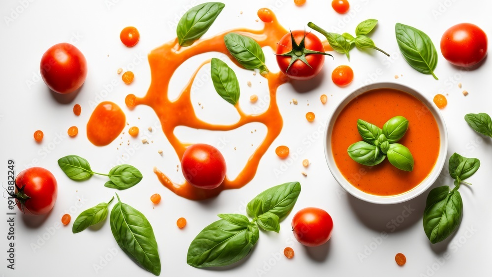 Promotional photo of a whirlpool of tomato soup splashes, floating basil leaves on an isolated white background. Promotional photo of a whirlpool of tomato soup splashes, floating basil leaves on an isolated white background.