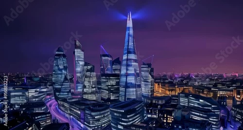 city night scene, twinkling lights of skyscrapers, mysterious blue and purple hues, highlighting dynamism