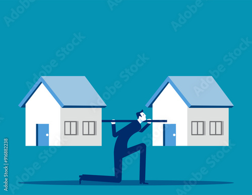 Businessman unable to lift overweight houses. The pressure of heavy home loans vector concept