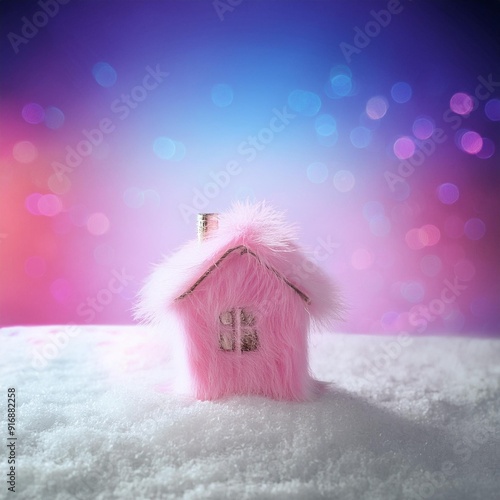 
Pink house made of fur on the snow against a background of lilac-blue sky with bokeh, magic house with a pipe
