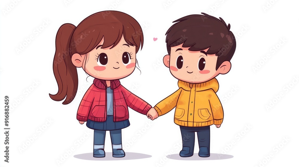 Kawaii little girl and boy holding hands, anime-style vector illustration, flat colors on white background Kawaii little girl and boy holding hands, anime-style vector illustration, flat colors on white background