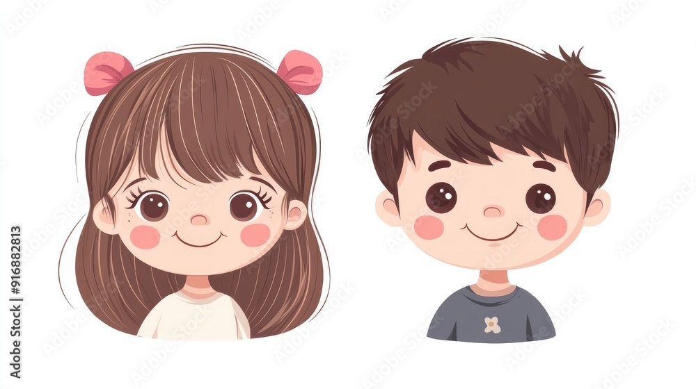 Kawaii little girl and boy with rosy cheeks, anime-style vector illustration, flat colors on white background Kawaii little girl and boy with rosy cheeks, anime-style vector illustration, flat colors on white background