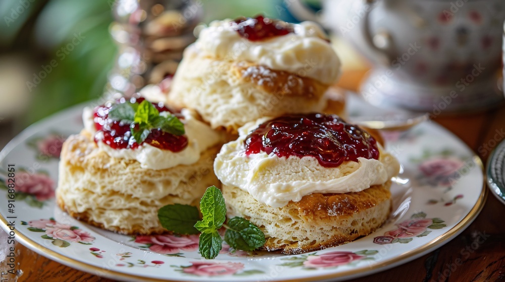 Creamy scones with strawberry jam and whipped cream, selective focus. Creamy scones with strawberry jam and whipped cream, selective focus.