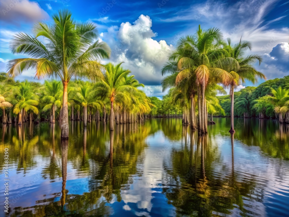 Vibrant açaí palms thrive in a serene flooded mangrove wetland landscape on Marajó Island, Amazon River, showcasing rich biodiversity, lush flora, and tranquil rural navigation scenery. Vibrant açaí palms thrive in a serene flooded mangrove wetland landscape on Marajó Island, Amazon River, showcasing rich biodiversity, lush flora, and tranquil rural navigation scenery.