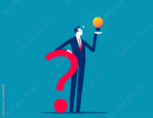 Smart businessman holding question mark sign and lightbulb solution. Creative thinking idea concept