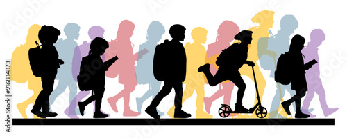 Back to school. Children going to school, pupils silhouettes on white background. Vector illustration.