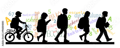 Back to school. Children going to school, pupils silhouettes with text School in different languages on white background. Vector illustration.