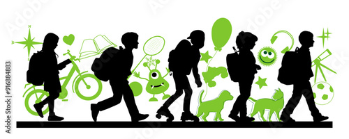 Back to school. Children going to school, pupils silhouettes with green icons on white background. Vector illustration.